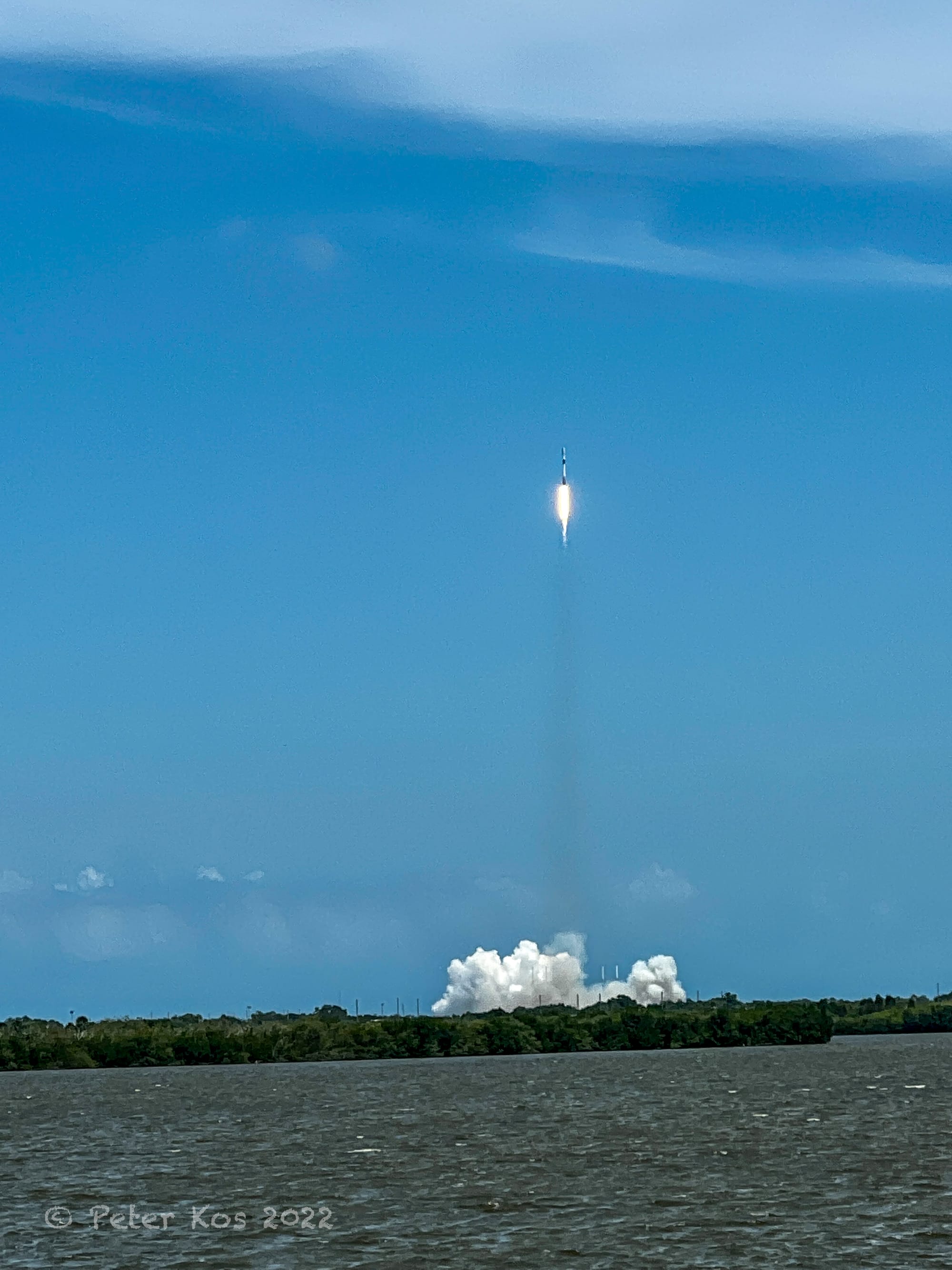 SpaceX Falcon 9 rocket launch as seen from Kennedy Space Center's LC-39 observation Gantry in May 2022. 